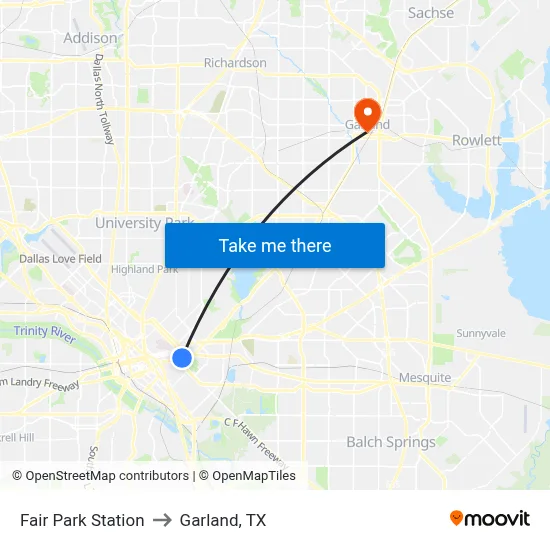 Fair Park Station to Garland, TX map
