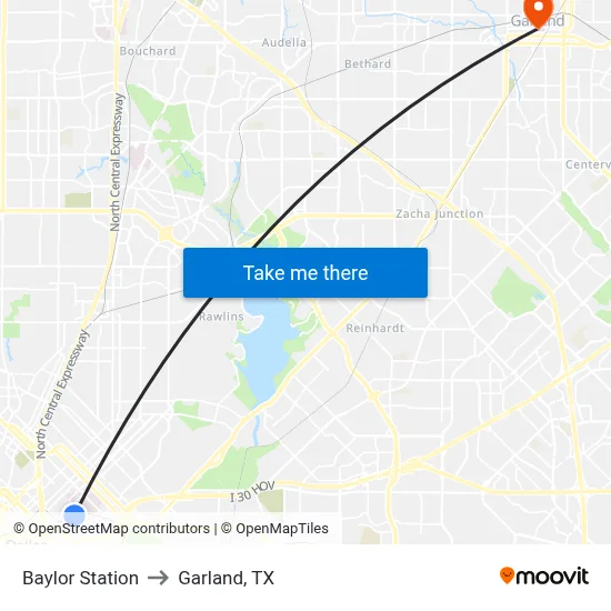 Baylor Station to Garland, TX map