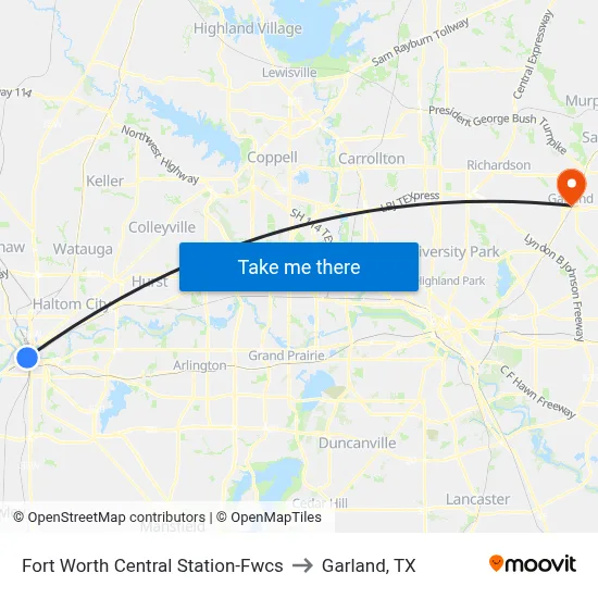 Fort Worth Central Station-Fwcs to Garland, TX map