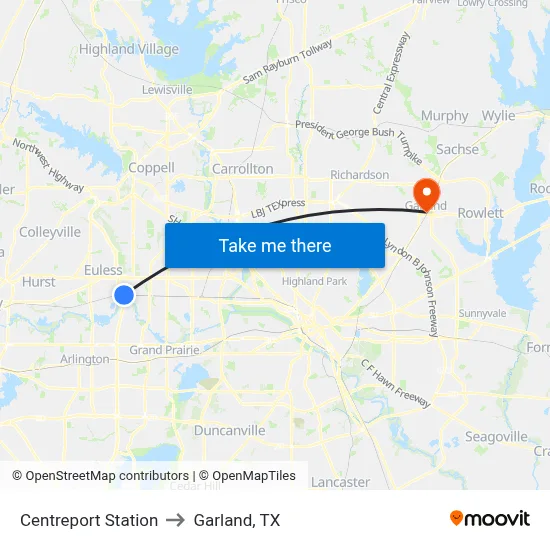 Centreport Station to Garland, TX map