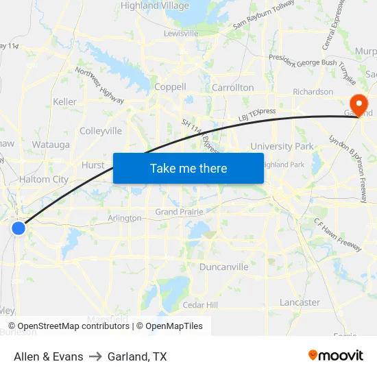 Allen & Evans to Garland, TX map