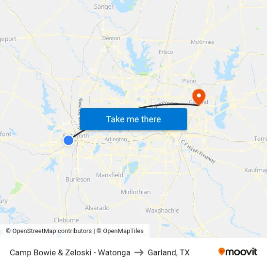 Camp Bowie & Zeloski - Watonga to Garland, TX map