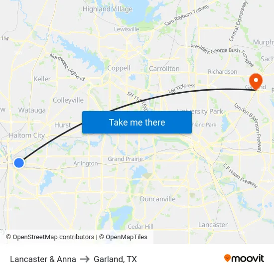 Lancaster & Anna to Garland, TX map