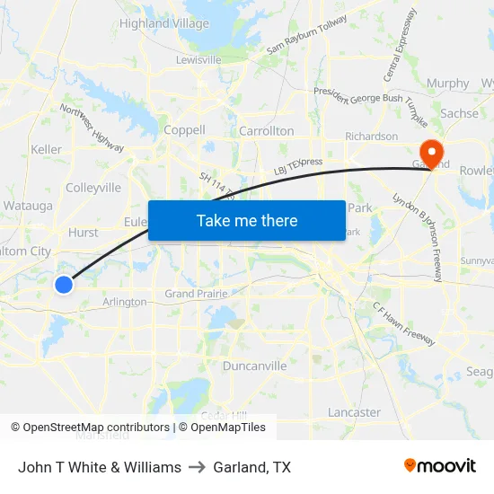 John T White & Williams to Garland, TX map