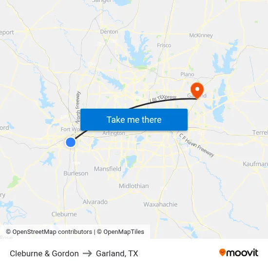 Cleburne & Gordon to Garland, TX map