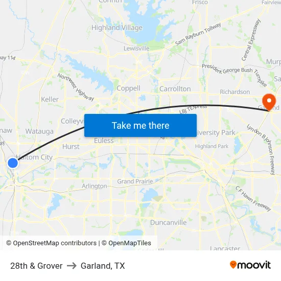 28th & Grover to Garland, TX map