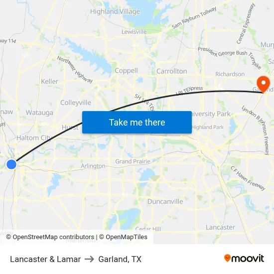 Lancaster & Lamar to Garland, TX map