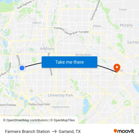 Farmers Branch Station to Garland, TX map