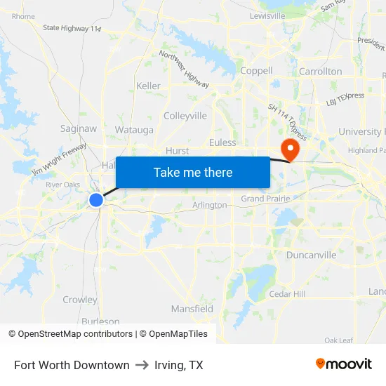 Fort Worth Downtown to Irving, TX map