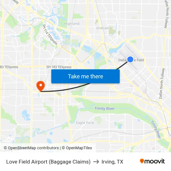 Love Field Airport (Baggage Claims) to Irving, TX map