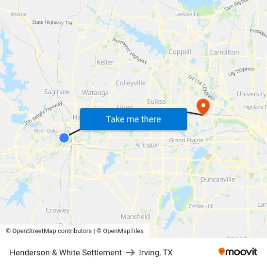 Henderson & White Settlement to Irving, TX map