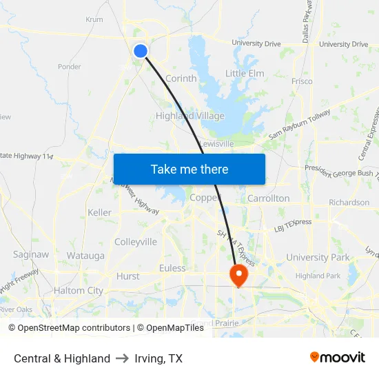 Central & Highland to Irving, TX map