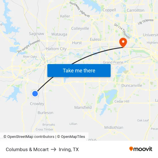 Columbus & Mccart to Irving, TX map