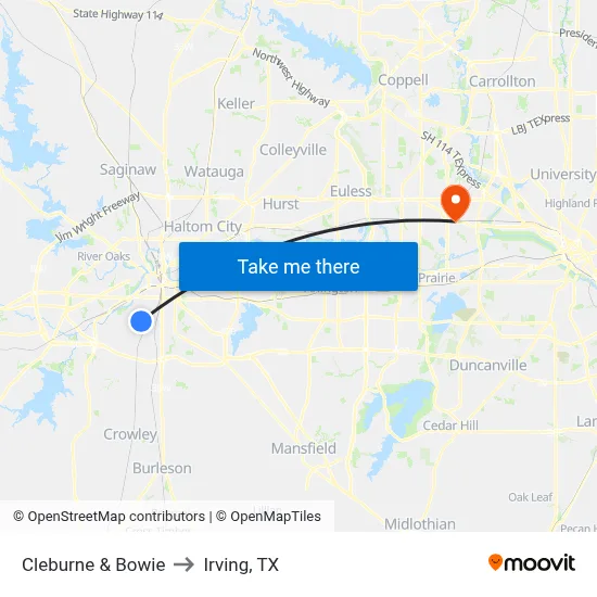 Cleburne & Bowie to Irving, TX map