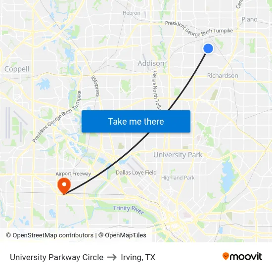 University Parkway Circle to Irving, TX map