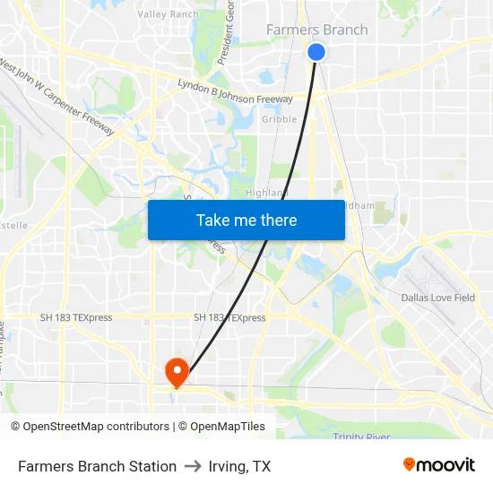 Farmers Branch Station to Irving, TX map