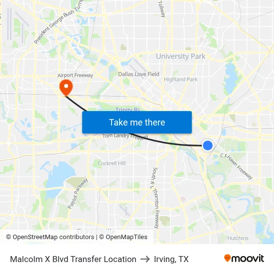 Malcolm X Blvd Transfer Location to Irving, TX map