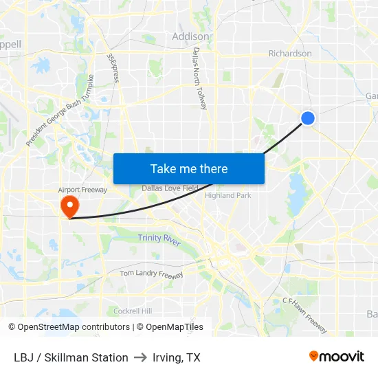 LBJ / Skillman Station to Irving, TX map