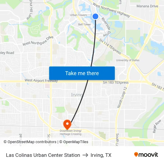Las Colinas Urban Center Station to Irving, TX map