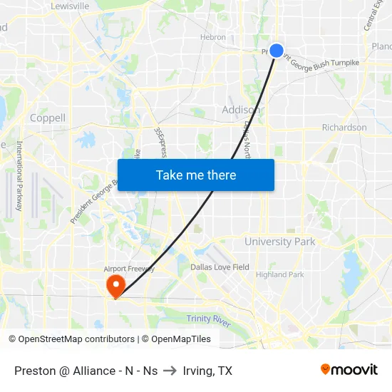 Preston @ Alliance - N - Ns to Irving, TX map