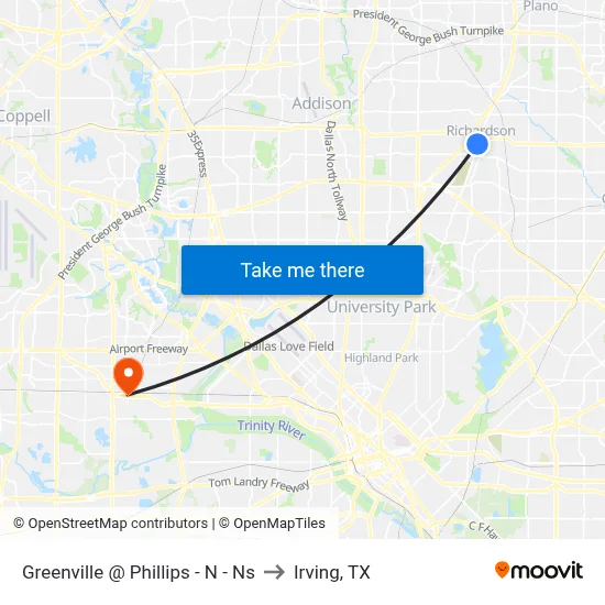 Greenville @ Phillips - N - Ns to Irving, TX map