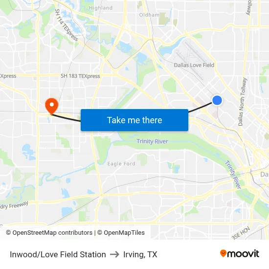 Inwood/Love Field Station to Irving, TX map