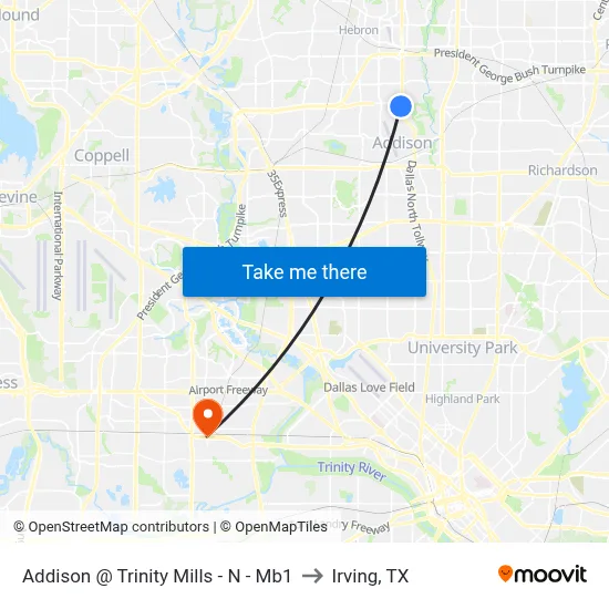 Addison @ Trinity Mills - N - Mb1 to Irving, TX map