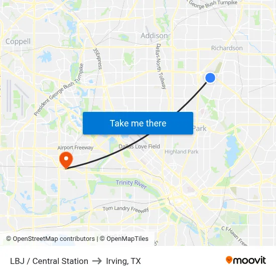 LBJ / Central Station to Irving, TX map