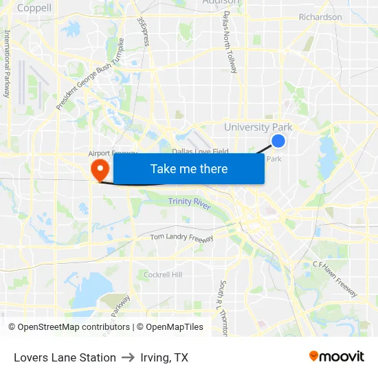 Lovers Lane Station to Irving, TX map