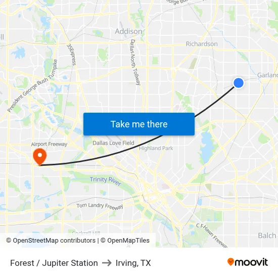 Forest / Jupiter Station to Irving, TX map