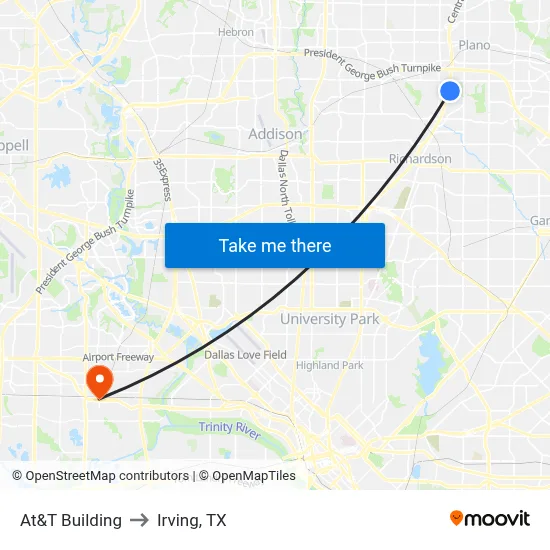 At&T Building to Irving, TX map
