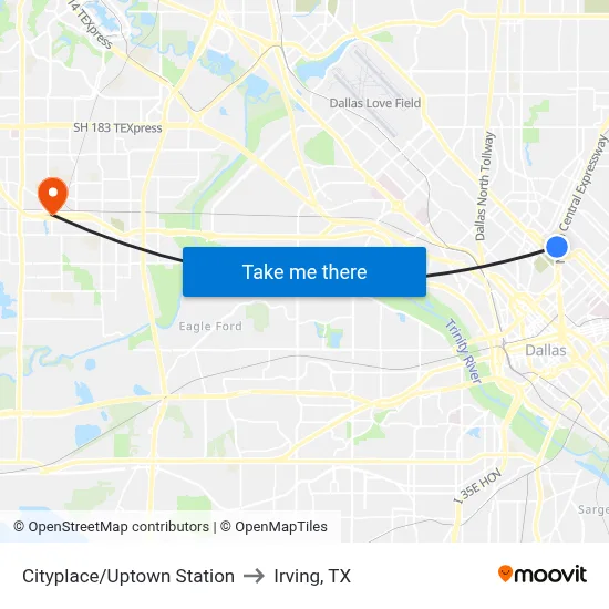 Cityplace/Uptown Station to Irving, TX map