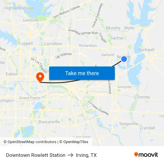 Downtown Rowlett Station to Irving, TX map