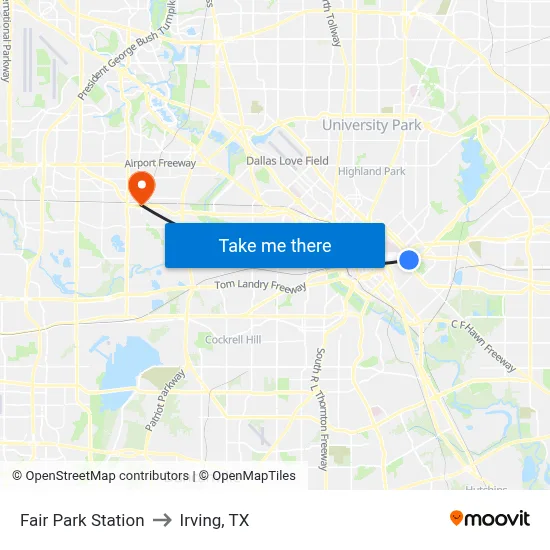 Fair Park Station to Irving, TX map