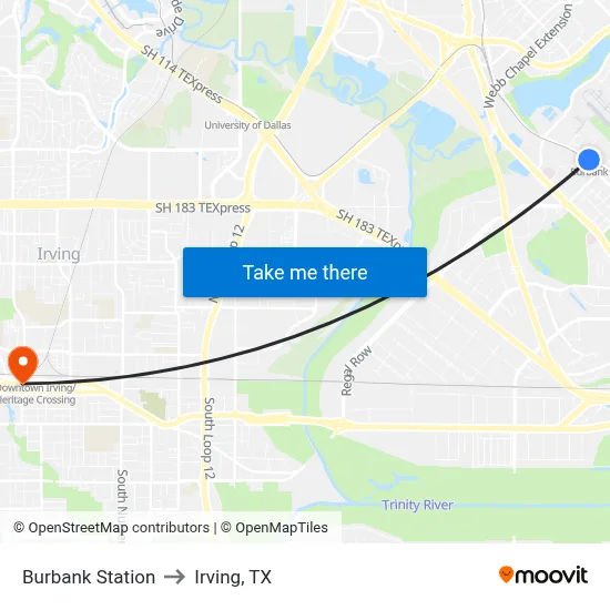 Burbank Station to Irving, TX map