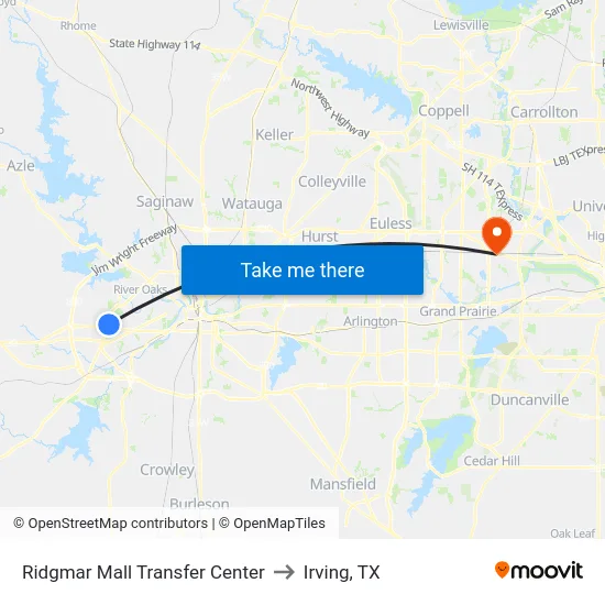 Ridgmar Mall Transfer Center to Irving, TX map