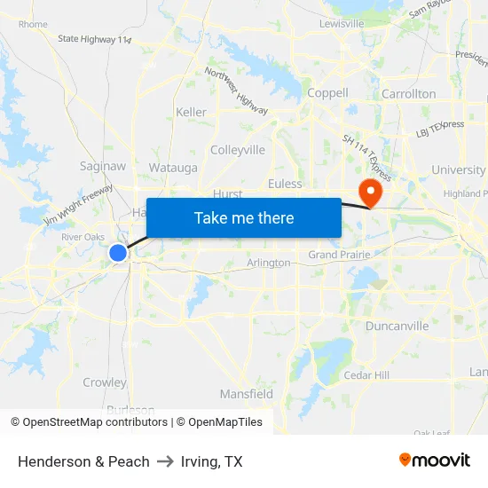 Henderson & Peach to Irving, TX map