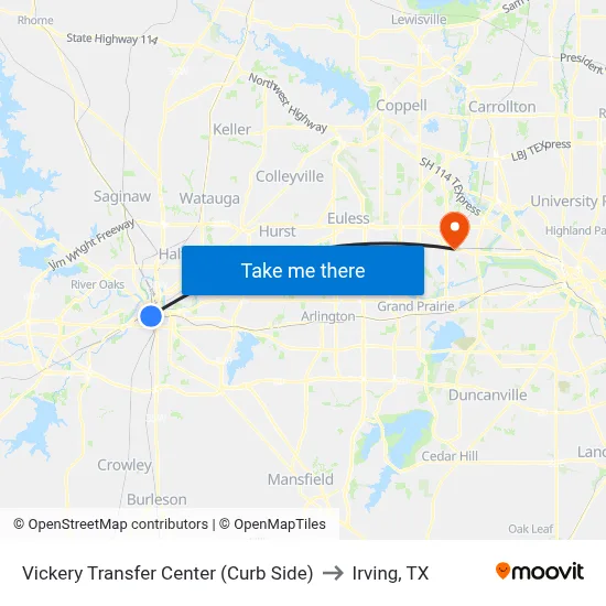 Vickery Transfer Center (Curb Side) to Irving, TX map
