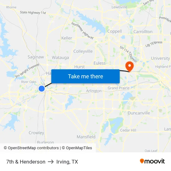 7th & Henderson to Irving, TX map