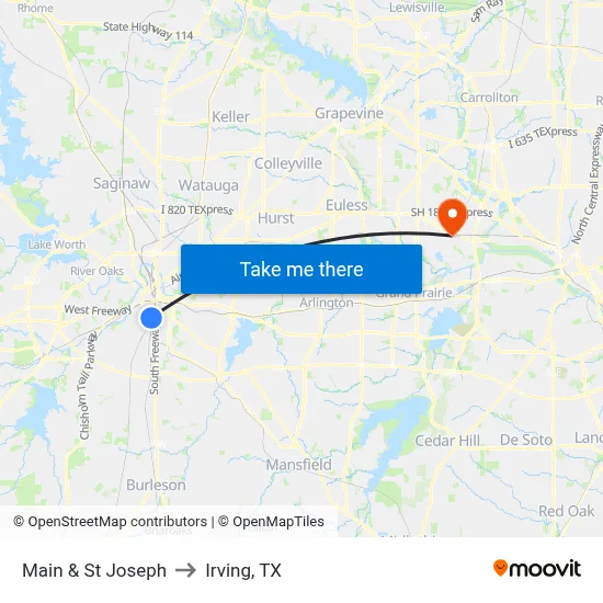 Main & St Joseph to Irving, TX map