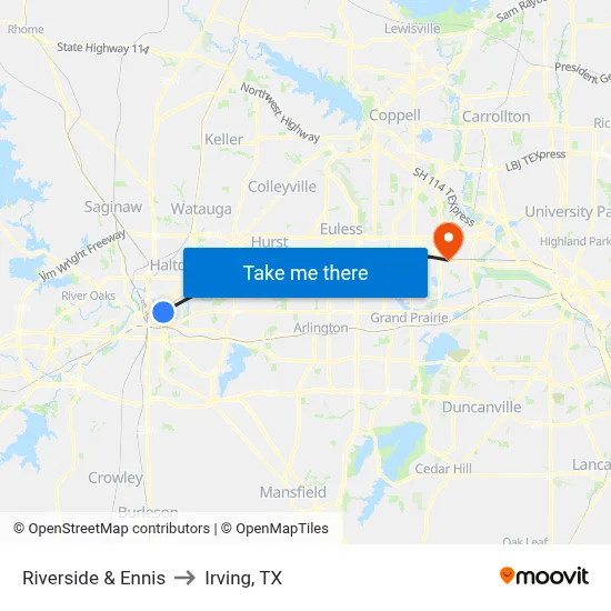 Riverside & Ennis to Irving, TX map