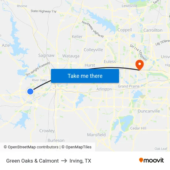 Green Oaks & Calmont to Irving, TX map