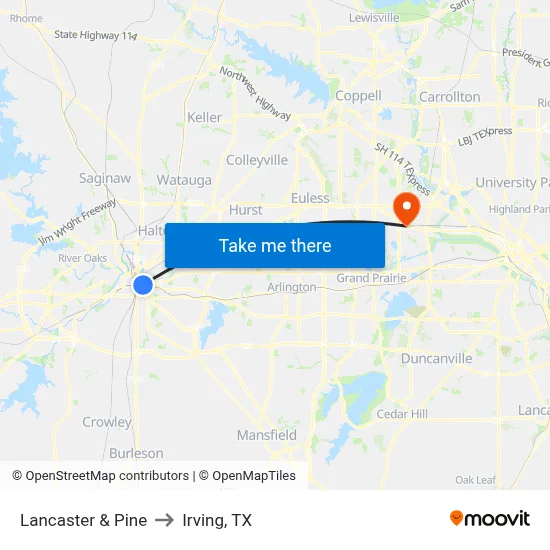 Lancaster & Pine to Irving, TX map