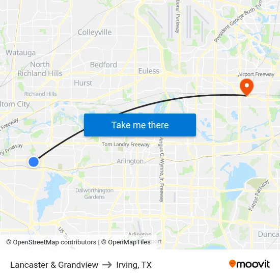Lancaster & Grandview to Irving, TX map