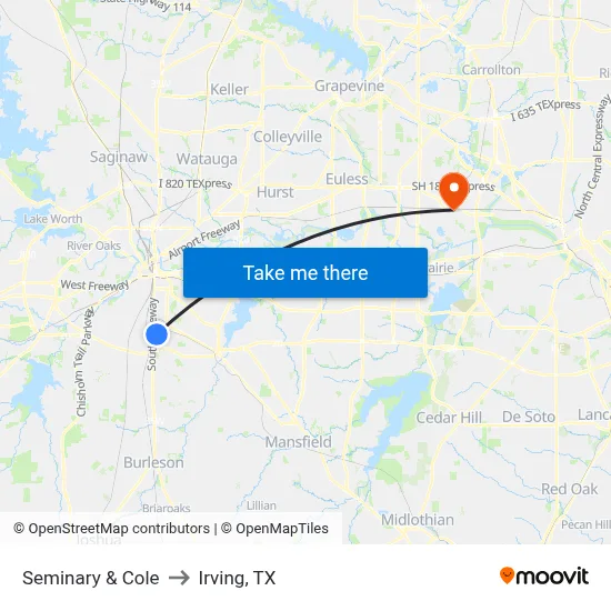 Seminary & Cole to Irving, TX map