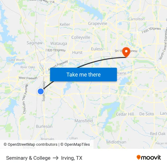 Seminary & College to Irving, TX map
