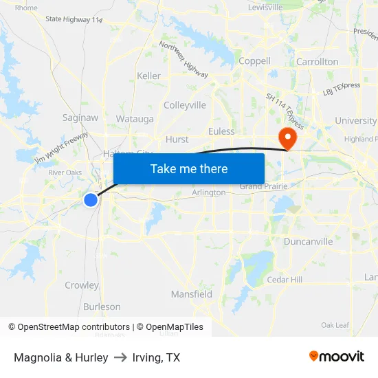 Magnolia & Hurley to Irving, TX map