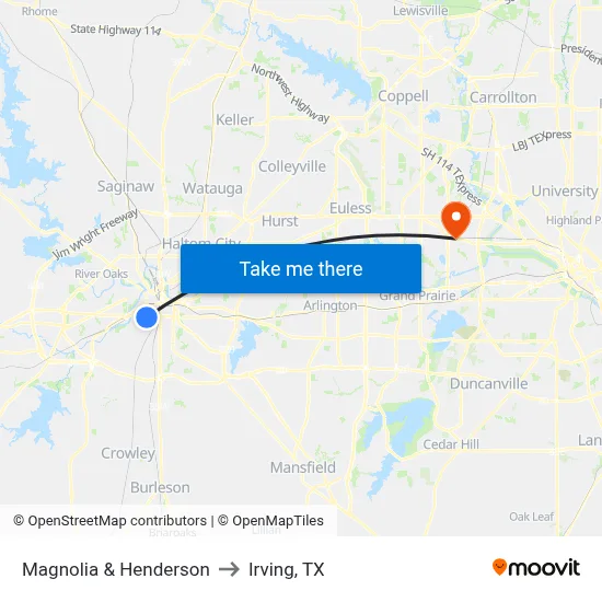 Magnolia & Henderson to Irving, TX map