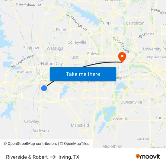 Riverside & Robert to Irving, TX map