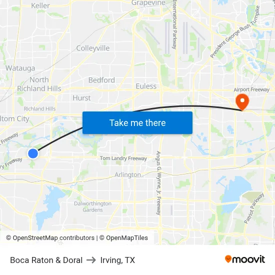 Boca Raton & Doral to Irving, TX map